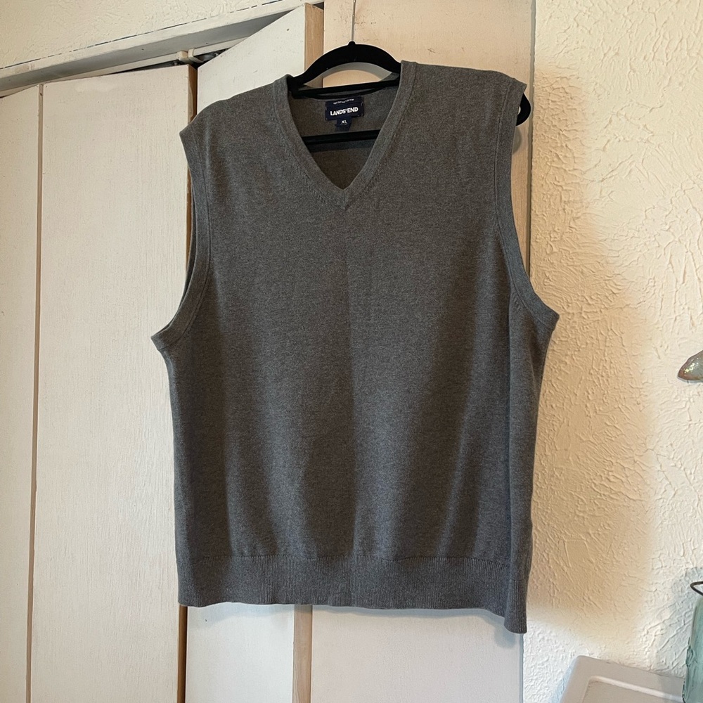 Lands' End Gray V-Neck Sweater All Cotton All Seasons